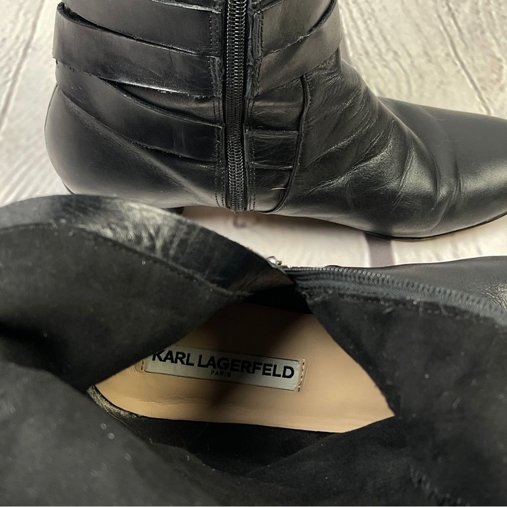 KARL LAGERFELD black leather side zip round heel riding boots, size 8.5 - Picture 5 of 15